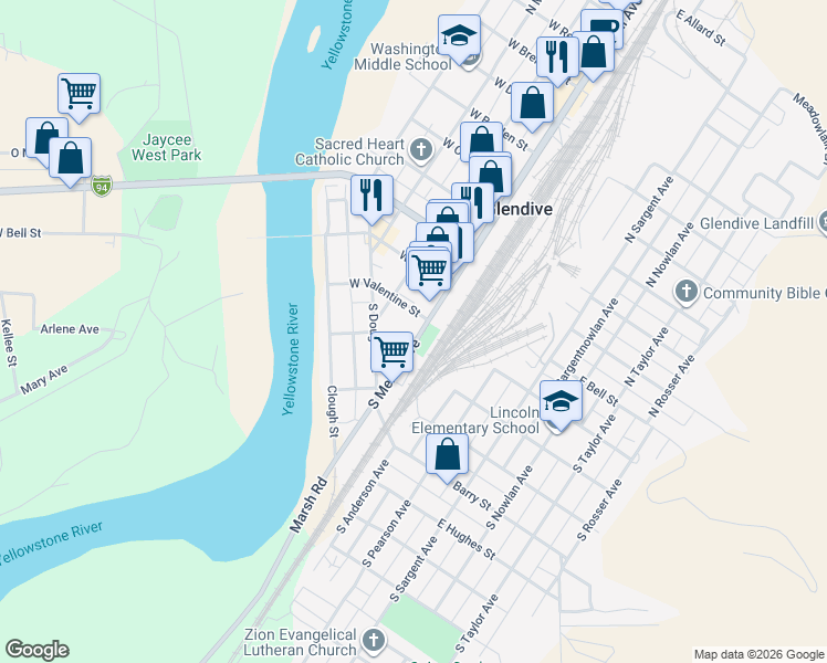 map of restaurants, bars, coffee shops, grocery stores, and more near in Glendive