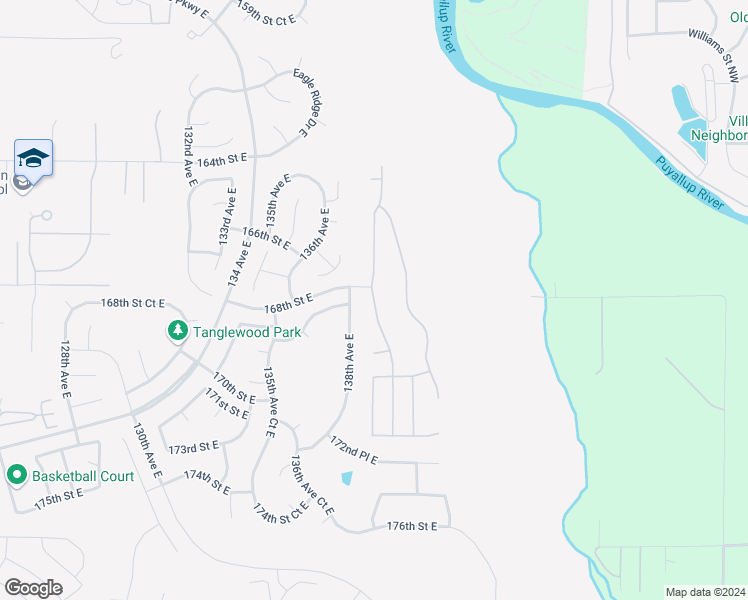 map of restaurants, bars, coffee shops, grocery stores, and more near 16803 139th Avenue East in Puyallup