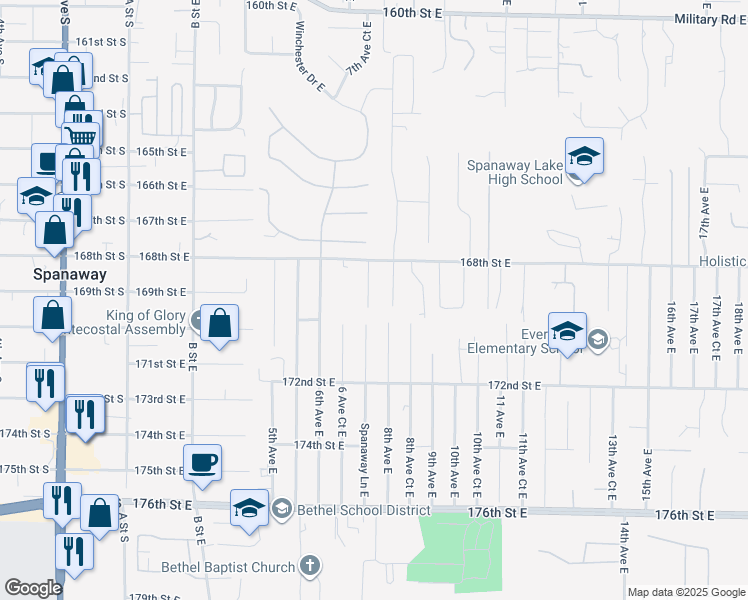 map of restaurants, bars, coffee shops, grocery stores, and more near 16909 7th Avenue Court East in Spanaway