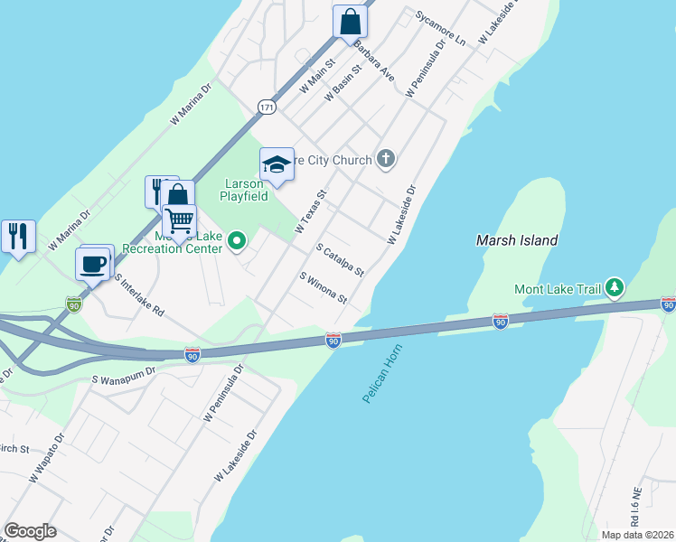 map of restaurants, bars, coffee shops, grocery stores, and more near 727 South Winona Street in Moses Lake
