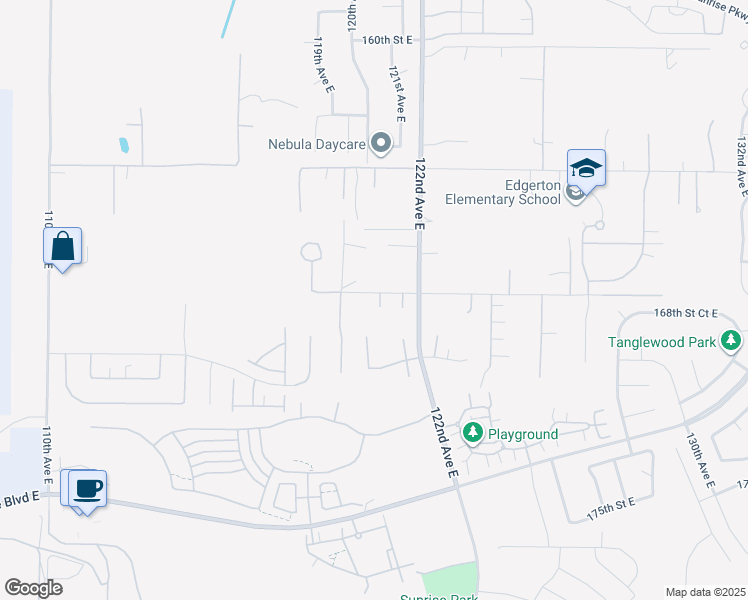 map of restaurants, bars, coffee shops, grocery stores, and more near 16815 119th Avenue Court East in Puyallup