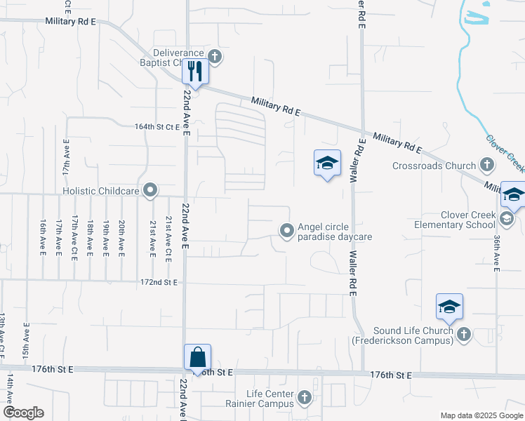 map of restaurants, bars, coffee shops, grocery stores, and more near 2516 168th Street East in Tacoma