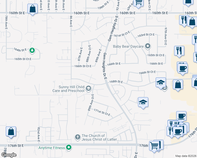 map of restaurants, bars, coffee shops, grocery stores, and more near 8919 168th Street East in Puyallup