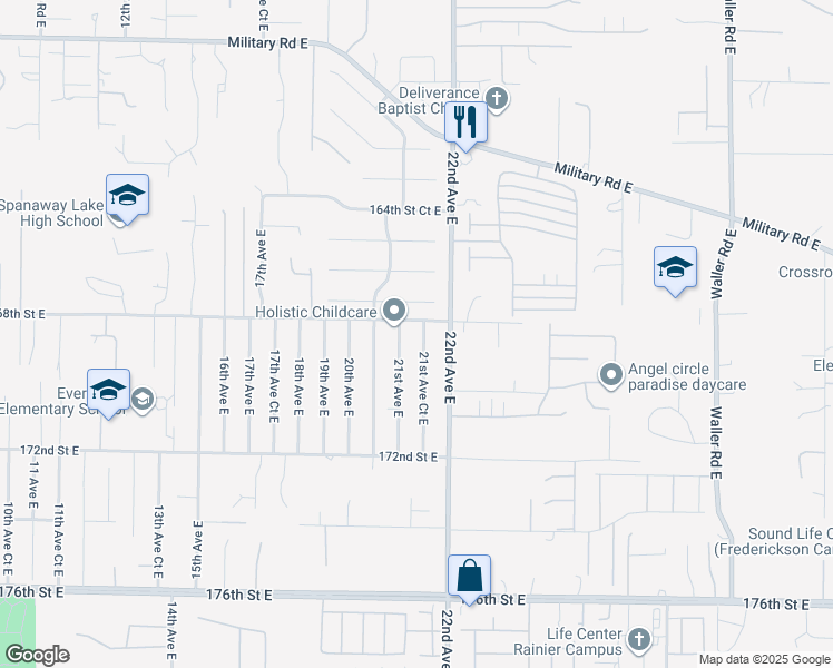 map of restaurants, bars, coffee shops, grocery stores, and more near 2102 167th Street Court East in Spanaway