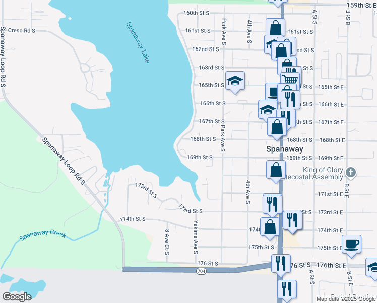 map of restaurants, bars, coffee shops, grocery stores, and more near 653 169th Street South in Spanaway