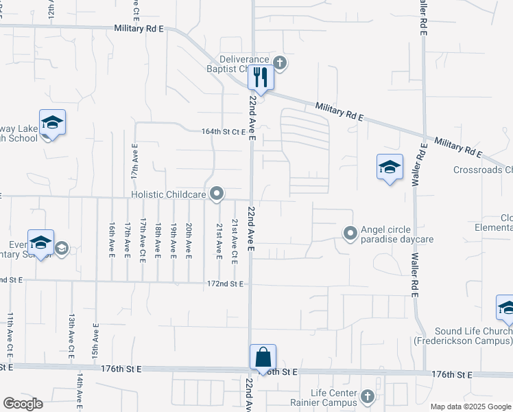 map of restaurants, bars, coffee shops, grocery stores, and more near 2110 167th Street Court East in Spanaway
