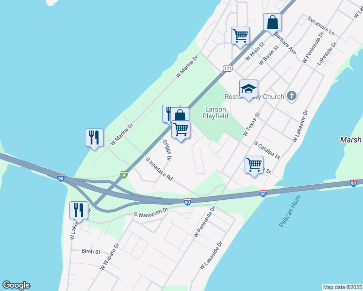 map of restaurants, bars, coffee shops, grocery stores, and more near 2709 West Broadway Avenue in Moses Lake