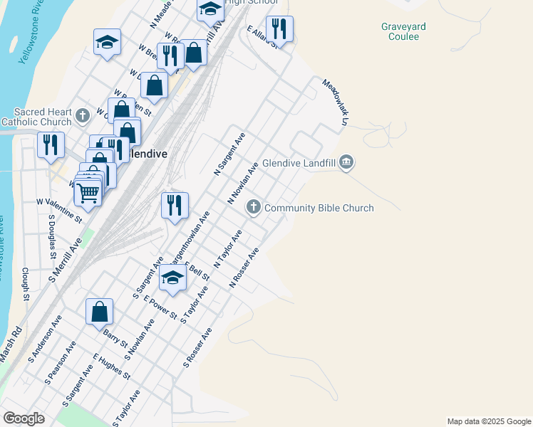 map of restaurants, bars, coffee shops, grocery stores, and more near 412 North Taylor Avenue in Glendive