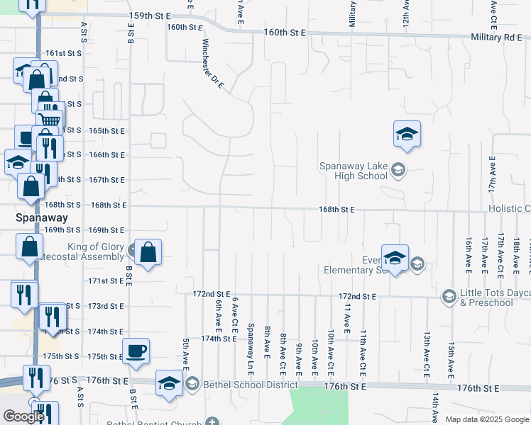 map of restaurants, bars, coffee shops, grocery stores, and more near 16802 8th Avenue East in Spanaway