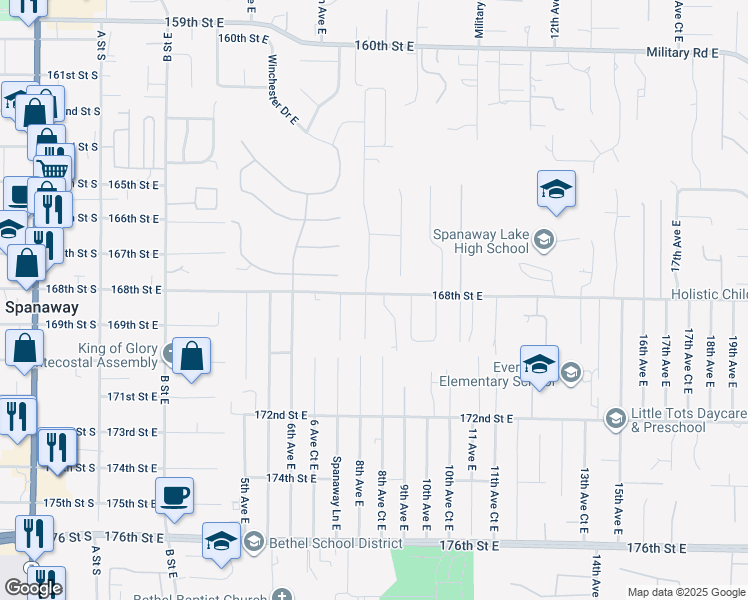 map of restaurants, bars, coffee shops, grocery stores, and more near 16802 8th Avenue East in Spanaway