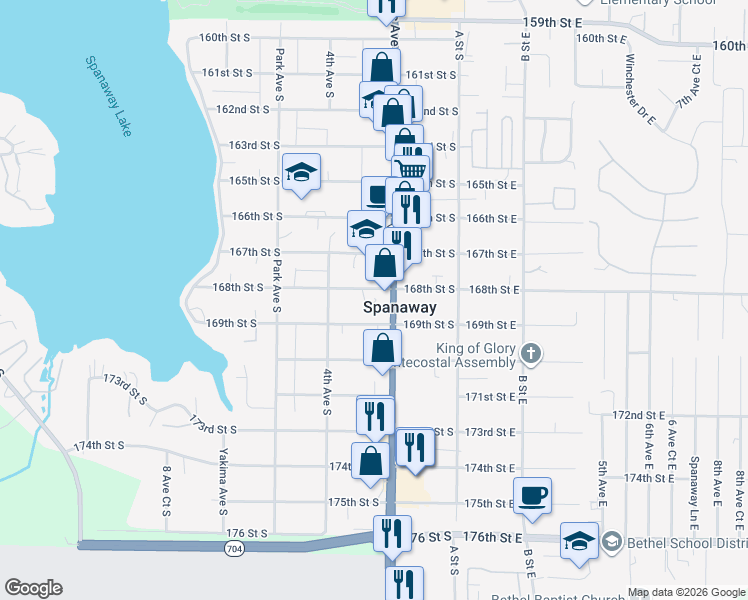 map of restaurants, bars, coffee shops, grocery stores, and more near 226 168th Street South in Spanaway
