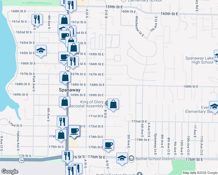 map of restaurants, bars, coffee shops, grocery stores, and more near 206 168th Street South in Spanaway