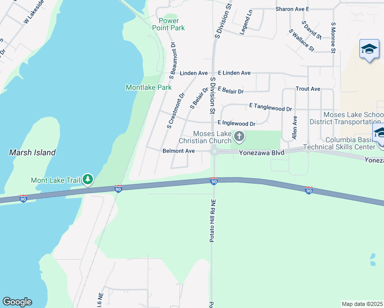 map of restaurants, bars, coffee shops, grocery stores, and more near 120 Belmont Avenue in Moses Lake