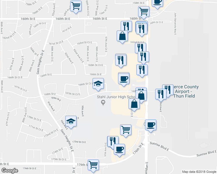 map of restaurants, bars, coffee shops, grocery stores, and more near 16707 97th Avenue Court East in Puyallup