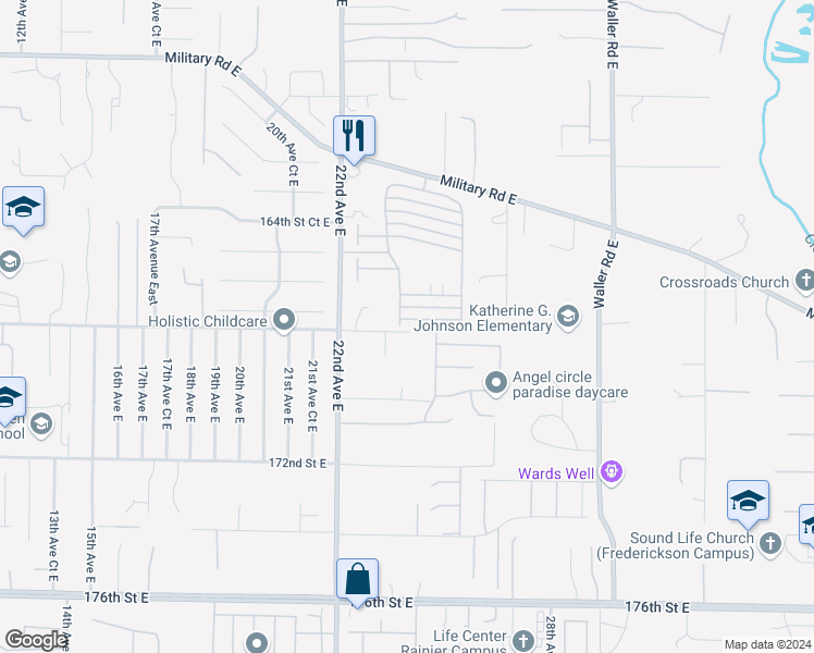 map of restaurants, bars, coffee shops, grocery stores, and more near 2310 167th Street Court East in Tacoma