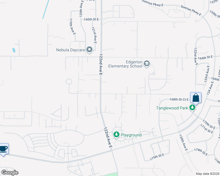 map of restaurants, bars, coffee shops, grocery stores, and more near 16709 122nd Avenue East in Puyallup