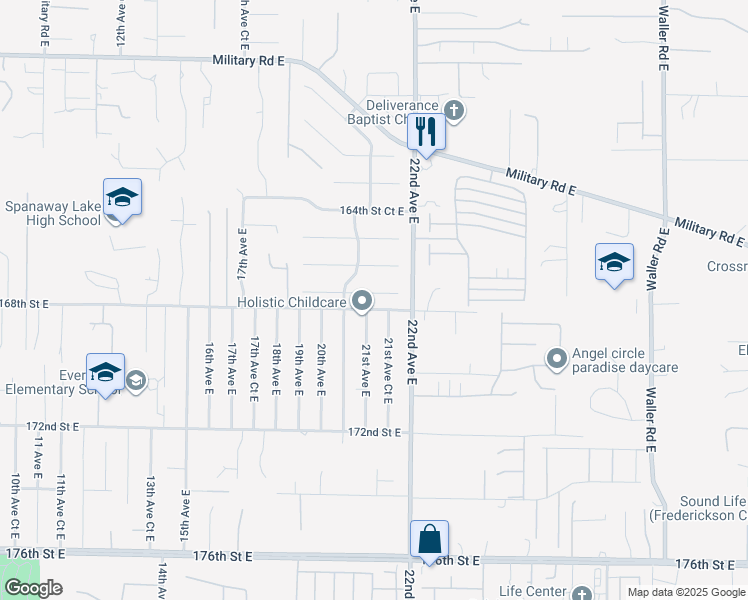 map of restaurants, bars, coffee shops, grocery stores, and more near 2102 167th Street Court East in Spanaway