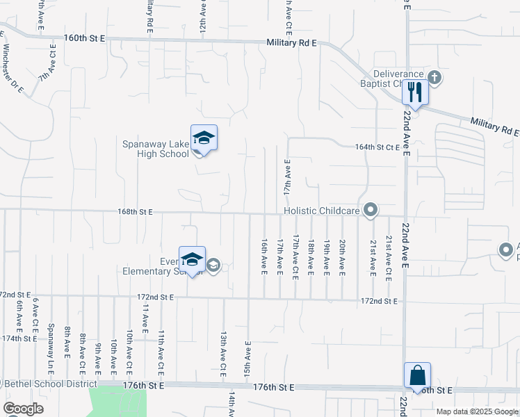 map of restaurants, bars, coffee shops, grocery stores, and more near 16728 16th Avenue East in Spanaway