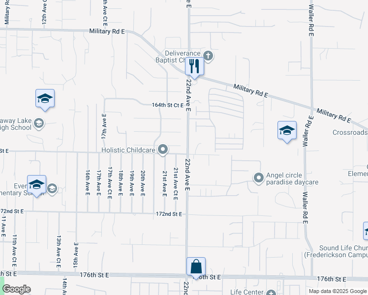 map of restaurants, bars, coffee shops, grocery stores, and more near 2110 167th Street Court East in Spanaway
