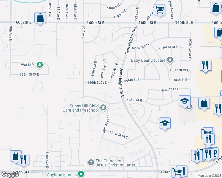 map of restaurants, bars, coffee shops, grocery stores, and more near 16702 89th Avenue East in Puyallup