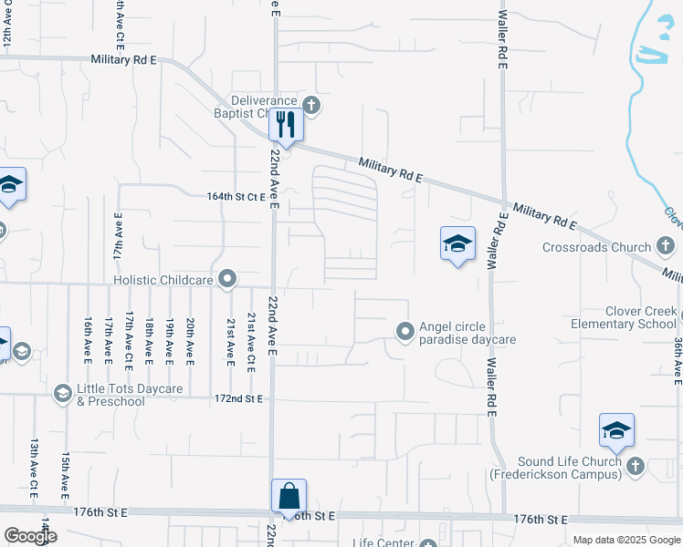 map of restaurants, bars, coffee shops, grocery stores, and more near 2329 167th Street Court East in Tacoma