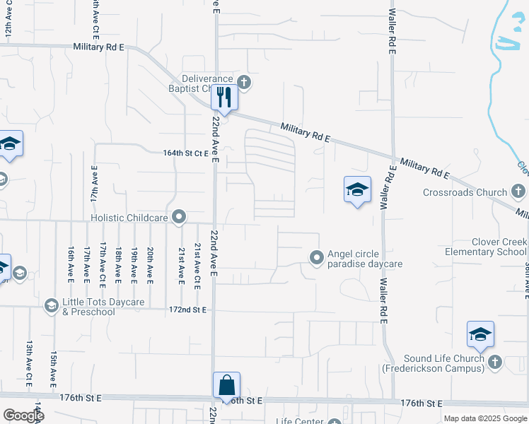 map of restaurants, bars, coffee shops, grocery stores, and more near 2329 167th Street Court East in Tacoma
