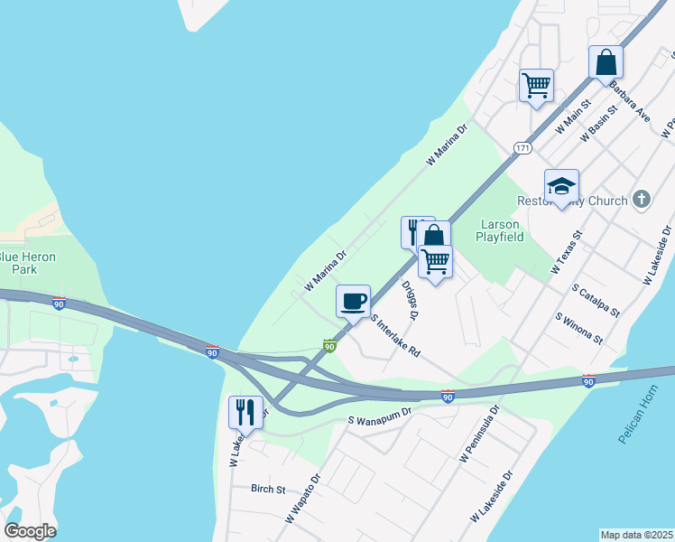 map of restaurants, bars, coffee shops, grocery stores, and more near 108 South Interlake Road in Moses Lake