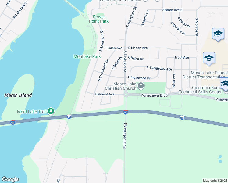 map of restaurants, bars, coffee shops, grocery stores, and more near 120 Belmont Ave in Moses Lake