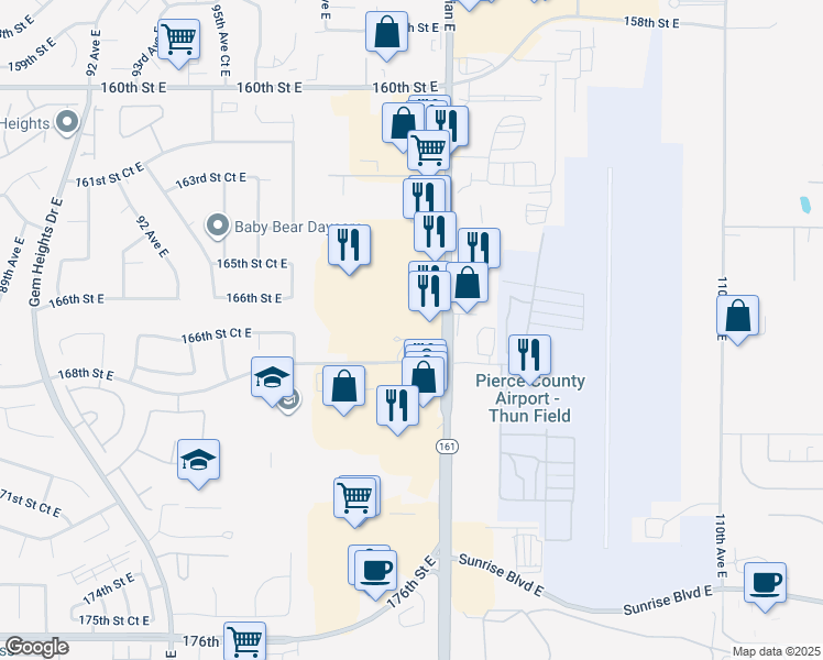 map of restaurants, bars, coffee shops, grocery stores, and more near 10019 167th Street Court East in South Hill