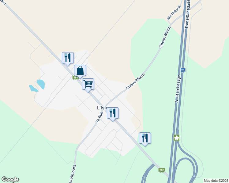 map of restaurants, bars, coffee shops, grocery stores, and more near 173 3e Avenue in L'Islet