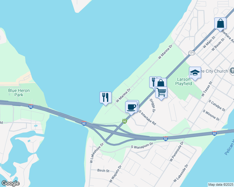 map of restaurants, bars, coffee shops, grocery stores, and more near 2900 West Marina Drive in Moses Lake