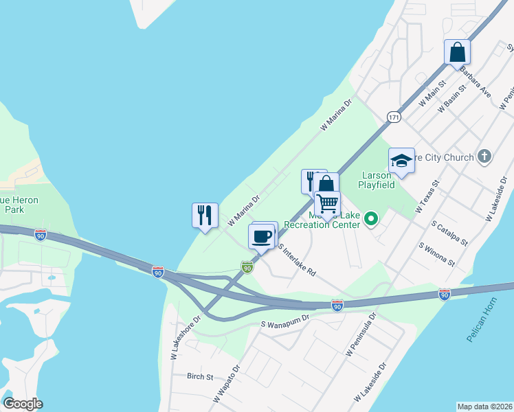 map of restaurants, bars, coffee shops, grocery stores, and more near 108 South Interlake Road in Moses Lake