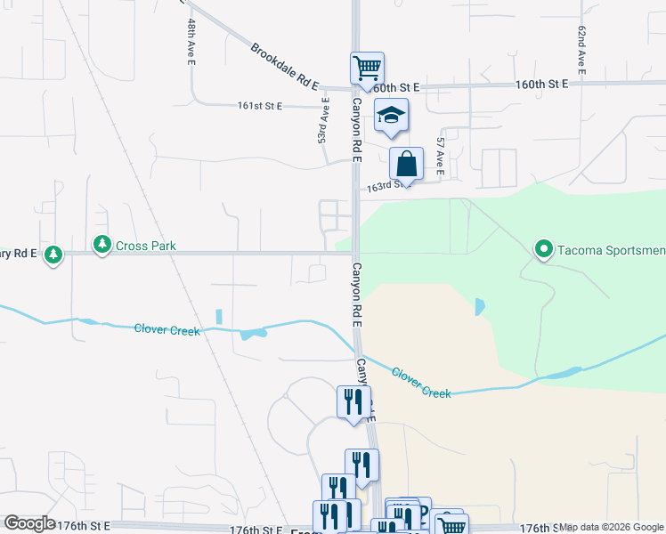 map of restaurants, bars, coffee shops, grocery stores, and more near 16601 53rd Avenue Court East in Tacoma