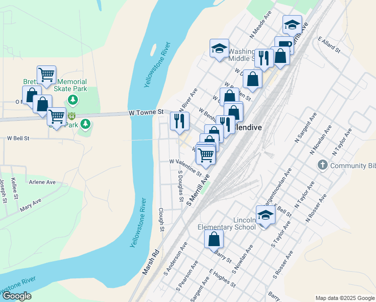 map of restaurants, bars, coffee shops, grocery stores, and more near 207 West Bell Street in Glendive