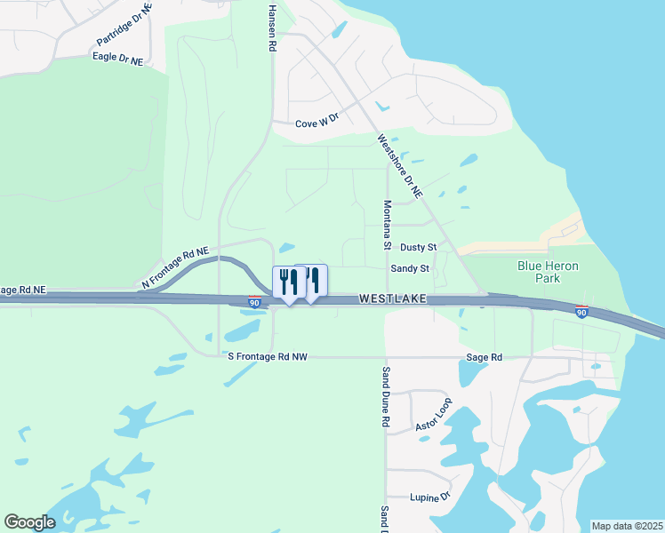 map of restaurants, bars, coffee shops, grocery stores, and more near 4258 Sandy Street in Moses Lake