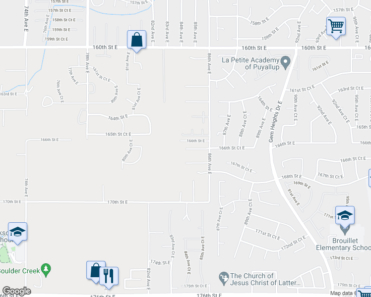 map of restaurants, bars, coffee shops, grocery stores, and more near 8011 166th Street Court East in Puyallup