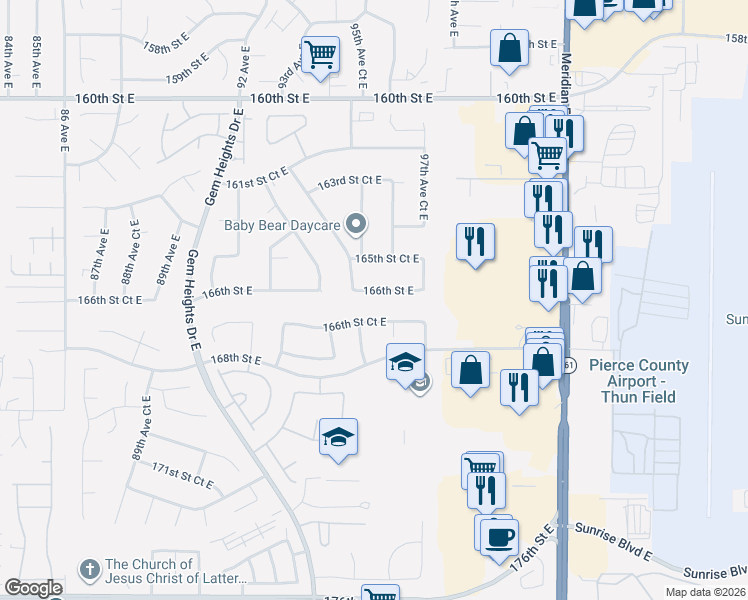 map of restaurants, bars, coffee shops, grocery stores, and more near 16620 96th Avenue Court East in Puyallup