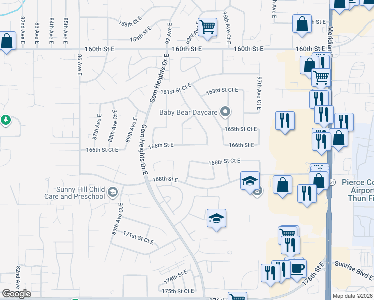 map of restaurants, bars, coffee shops, grocery stores, and more near 16623 92nd Avenue Court East in Puyallup