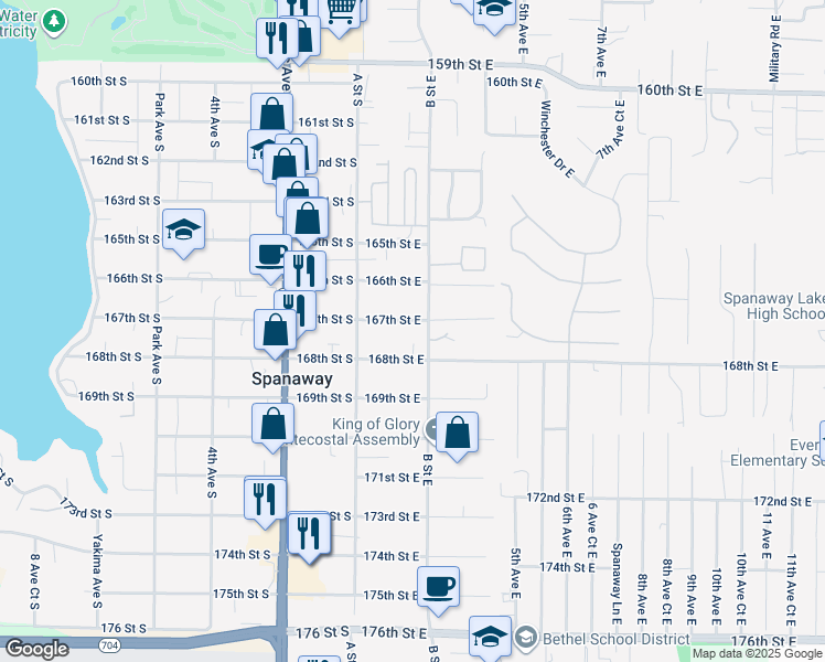 map of restaurants, bars, coffee shops, grocery stores, and more near 135 167th Street South in Spanaway