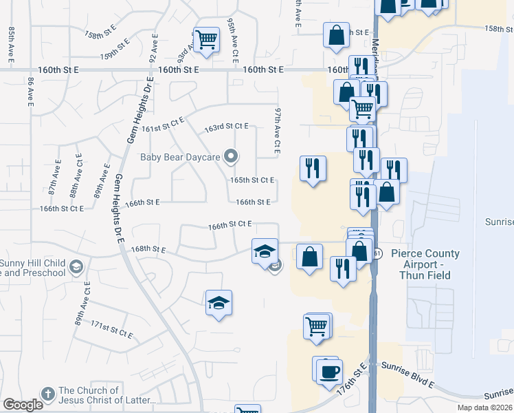 map of restaurants, bars, coffee shops, grocery stores, and more near 9520 165th Street Court East in Puyallup