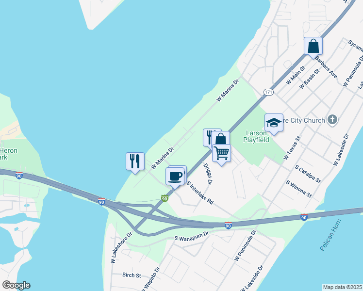 map of restaurants, bars, coffee shops, grocery stores, and more near 2734 West Marina Drive in Moses Lake