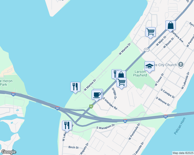 map of restaurants, bars, coffee shops, grocery stores, and more near 2612 West Marina Drive in Moses Lake