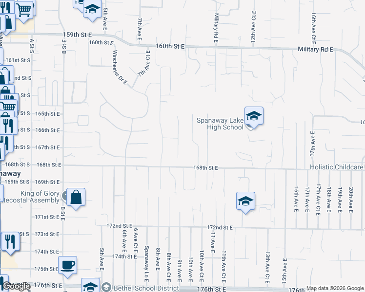 map of restaurants, bars, coffee shops, grocery stores, and more near 913 168th Street East in Spanaway