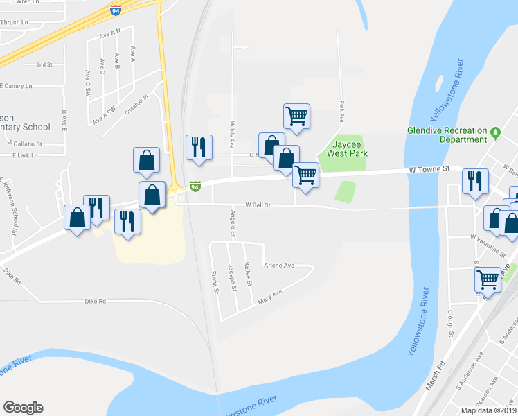 map of restaurants, bars, coffee shops, grocery stores, and more near 1210 West Bell Street in Glendive