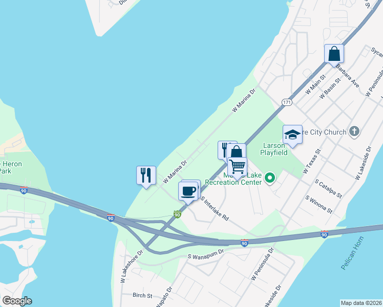 map of restaurants, bars, coffee shops, grocery stores, and more near 2730 West Marina Drive in Moses Lake