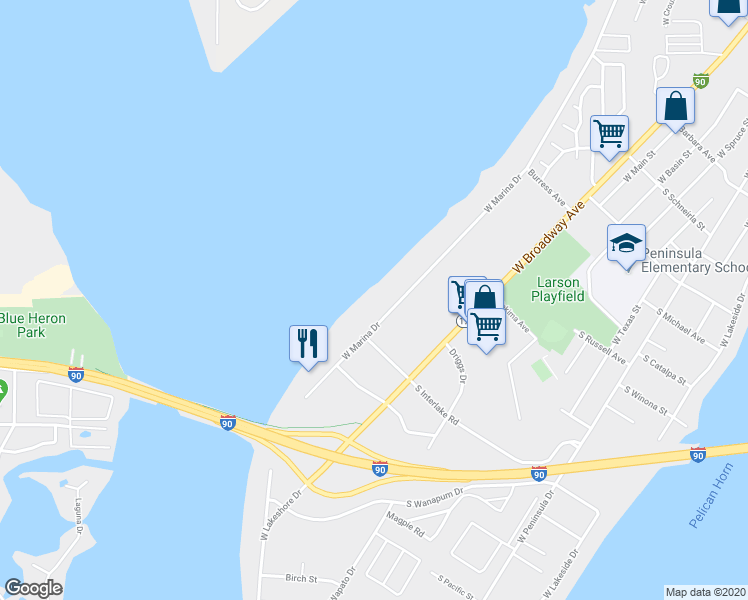 map of restaurants, bars, coffee shops, grocery stores, and more near 2800 West Marina Drive in Moses Lake