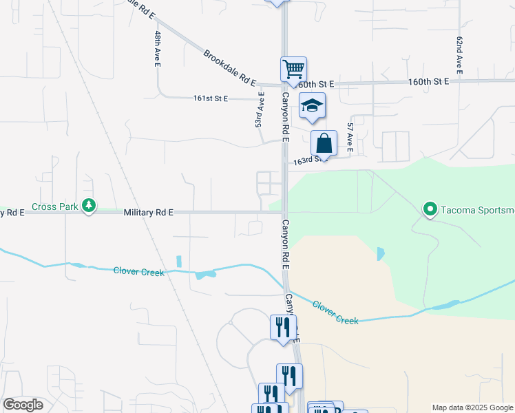 map of restaurants, bars, coffee shops, grocery stores, and more near 5305 Military Road East in Tacoma