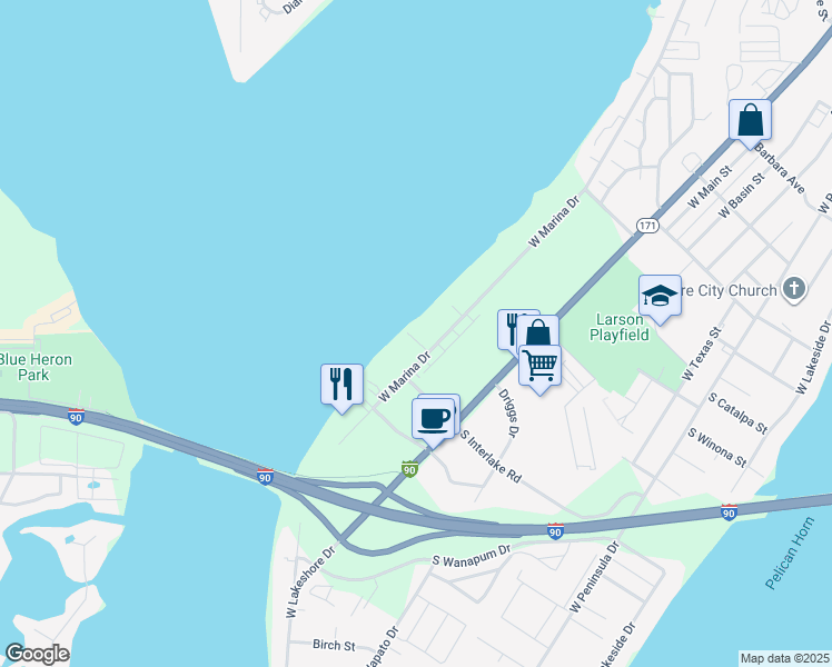 map of restaurants, bars, coffee shops, grocery stores, and more near 2800 West Marina Drive in Moses Lake
