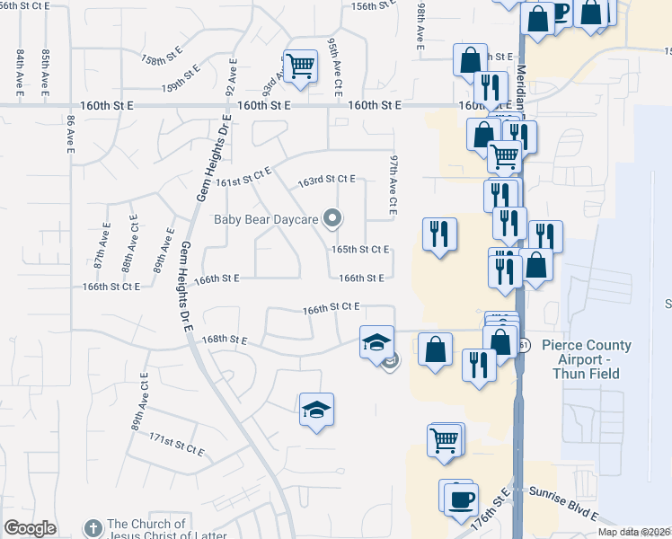 map of restaurants, bars, coffee shops, grocery stores, and more near 9512 165th Street Court East in Puyallup