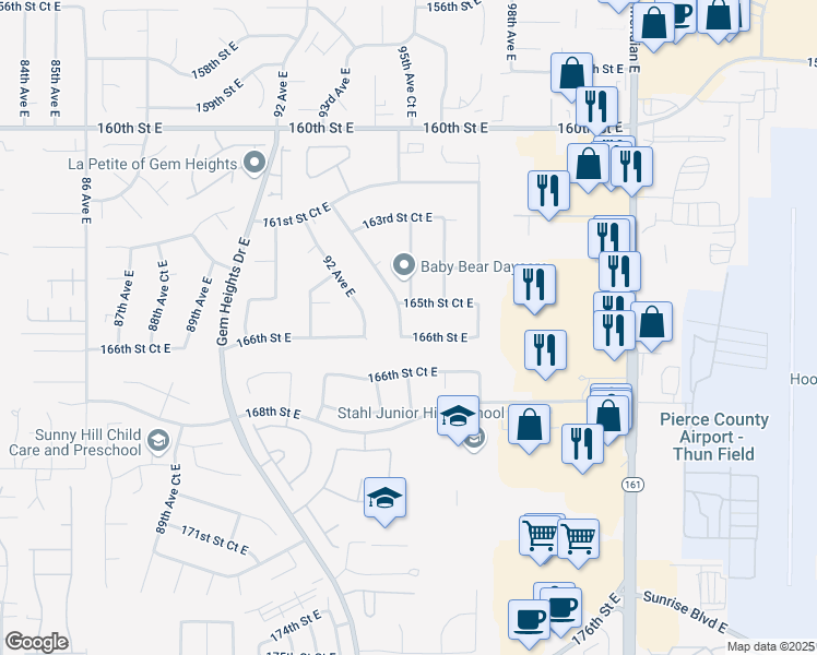 map of restaurants, bars, coffee shops, grocery stores, and more near 9503 166th Street East in Puyallup